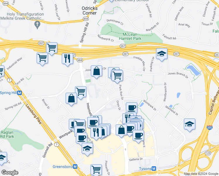 map of restaurants, bars, coffee shops, grocery stores, and more near 8220 Crestwood Heights in McLean