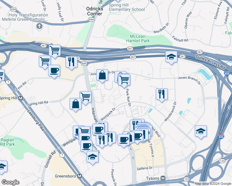 map of restaurants, bars, coffee shops, grocery stores, and more near 8220 Crestwood Heights Drive in McLean