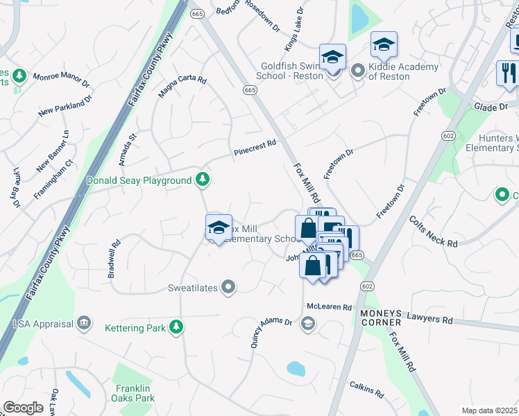 map of restaurants, bars, coffee shops, grocery stores, and more near 12505 Thomas Young Court in Herndon