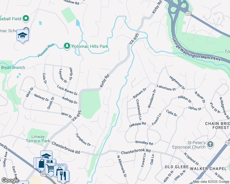 map of restaurants, bars, coffee shops, grocery stores, and more near 1585 Maddux Lane in McLean
