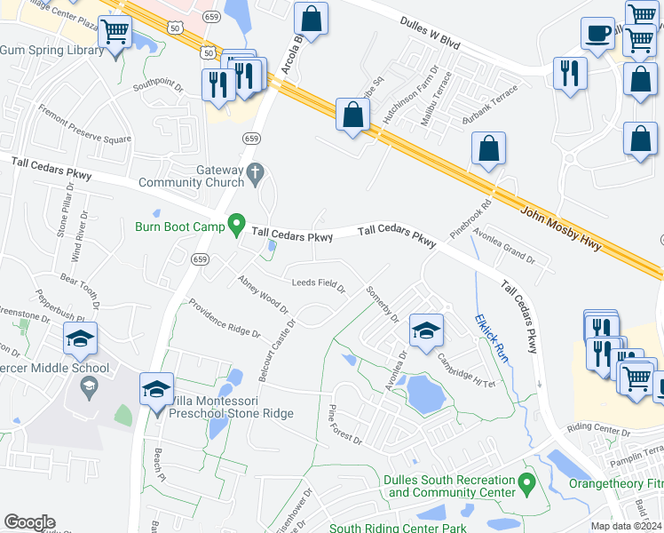 map of restaurants, bars, coffee shops, grocery stores, and more near 24843 Somerby Drive in Chantilly