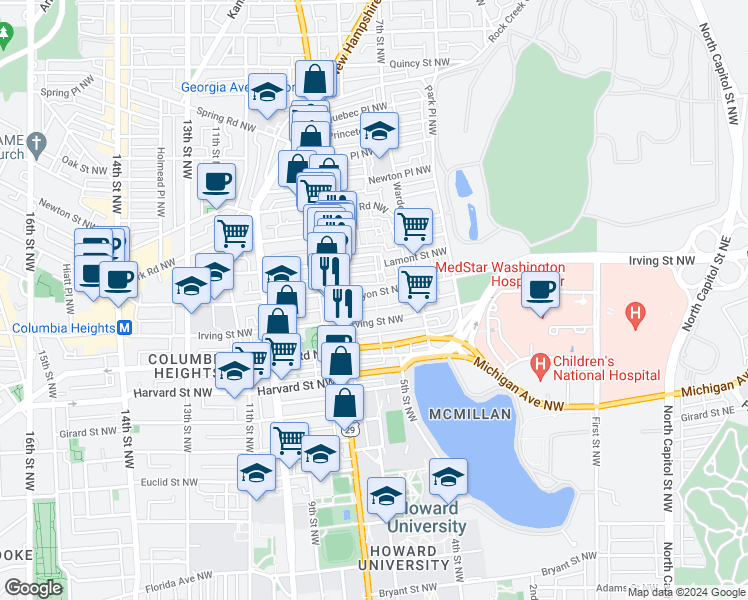 map of restaurants, bars, coffee shops, grocery stores, and more near 616 Kenyon Street Northwest in Washington