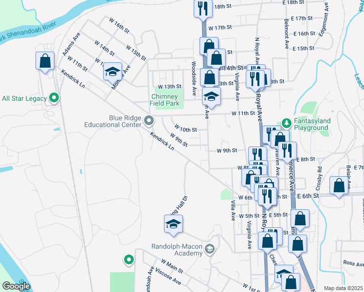 map of restaurants, bars, coffee shops, grocery stores, and more near 343 Kendrick Lane in Front Royal