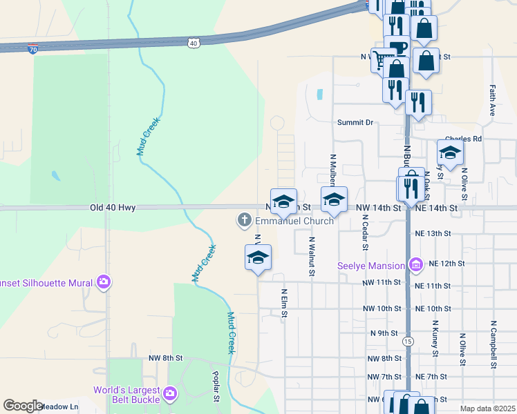 map of restaurants, bars, coffee shops, grocery stores, and more near Northwest 14th Street in Abilene