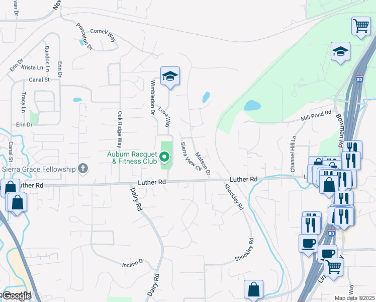 map of restaurants, bars, coffee shops, grocery stores, and more near 910 Sierra View Circle in Auburn