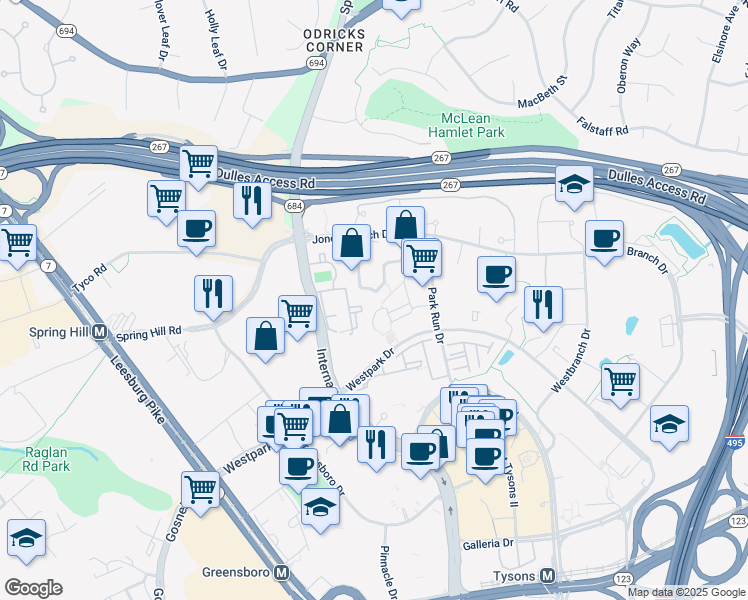 map of restaurants, bars, coffee shops, grocery stores, and more near 1521 Lincoln Way in McLean