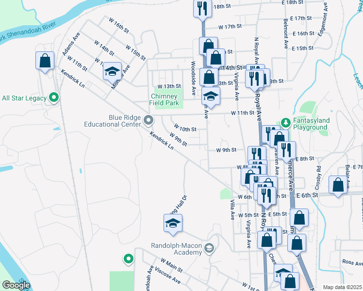 map of restaurants, bars, coffee shops, grocery stores, and more near 344 West 9th Street in Front Royal