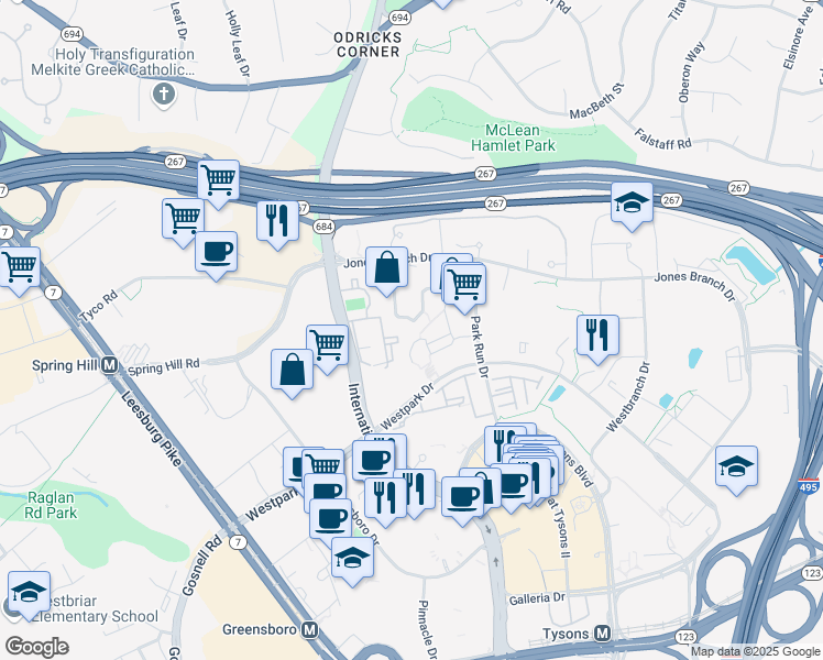 map of restaurants, bars, coffee shops, grocery stores, and more near 1521 Lincoln Way in McLean