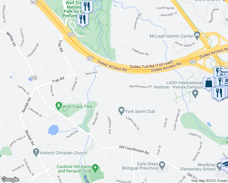 map of restaurants, bars, coffee shops, grocery stores, and more near 1642 Besley Road in Vienna