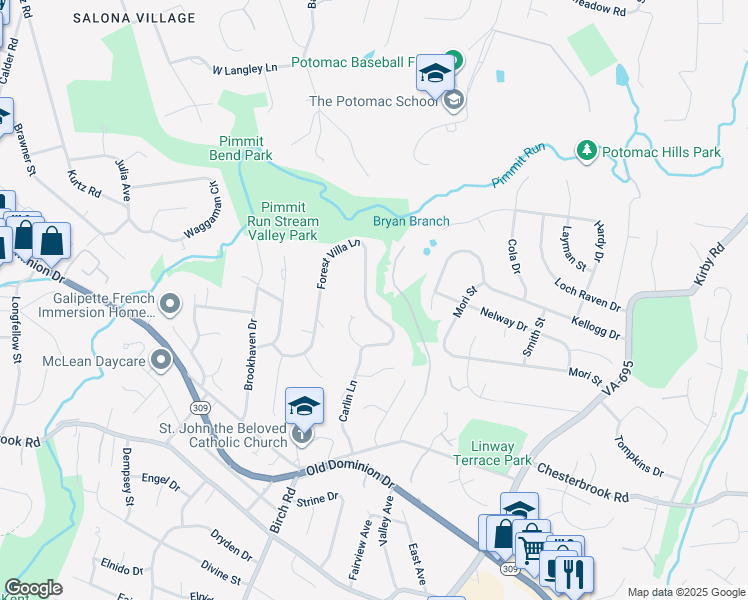 map of restaurants, bars, coffee shops, grocery stores, and more near 1574 Forest Villa Lane in McLean