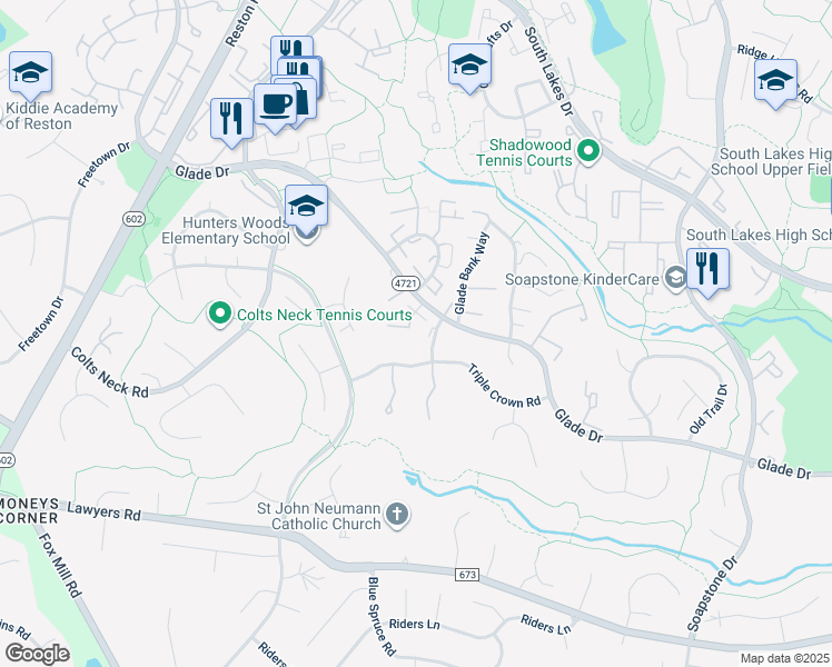 map of restaurants, bars, coffee shops, grocery stores, and more near 2425 Alsop Court in Reston