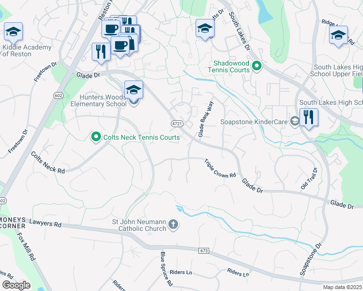 map of restaurants, bars, coffee shops, grocery stores, and more near 2425 Alsop Court in Reston