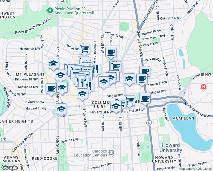 map of restaurants, bars, coffee shops, grocery stores, and more near 1237 Kenyon Street Northwest in Washington