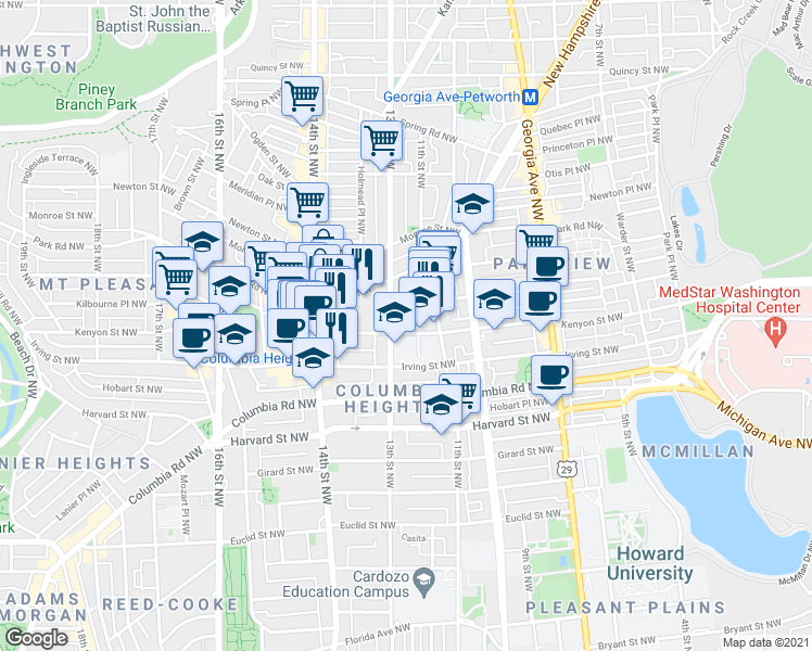 map of restaurants, bars, coffee shops, grocery stores, and more near 1237 Kenyon Street Northwest in Washington
