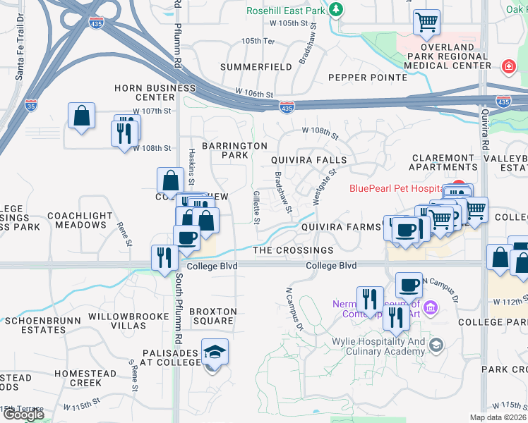 map of restaurants, bars, coffee shops, grocery stores, and more near 10993 Gillette Street in Overland Park
