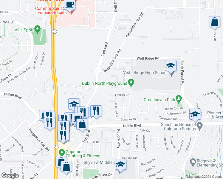 map of restaurants, bars, coffee shops, grocery stores, and more near 6074 Finglas Drive in Colorado Springs