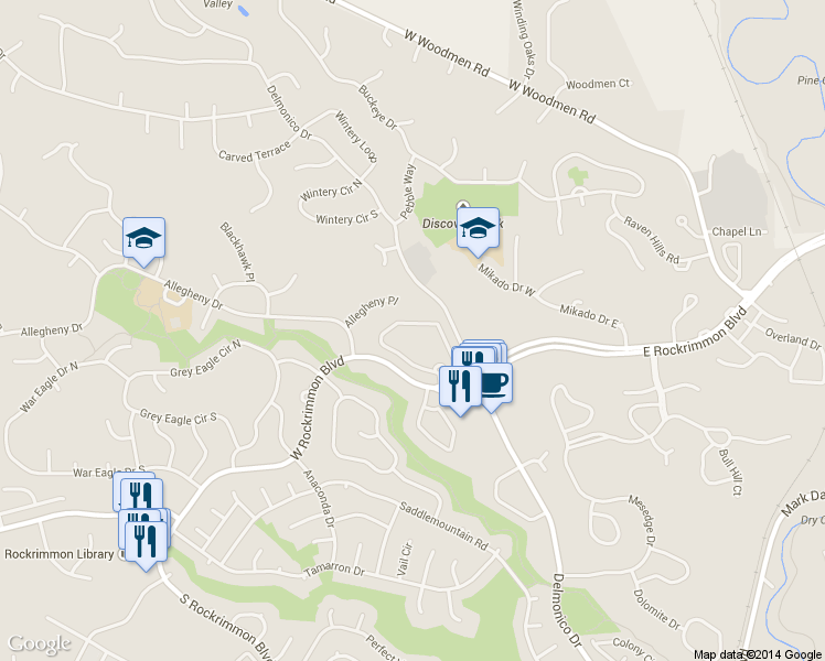 map of restaurants, bars, coffee shops, grocery stores, and more near 424 West Rockrimmon Boulevard in Colorado Springs