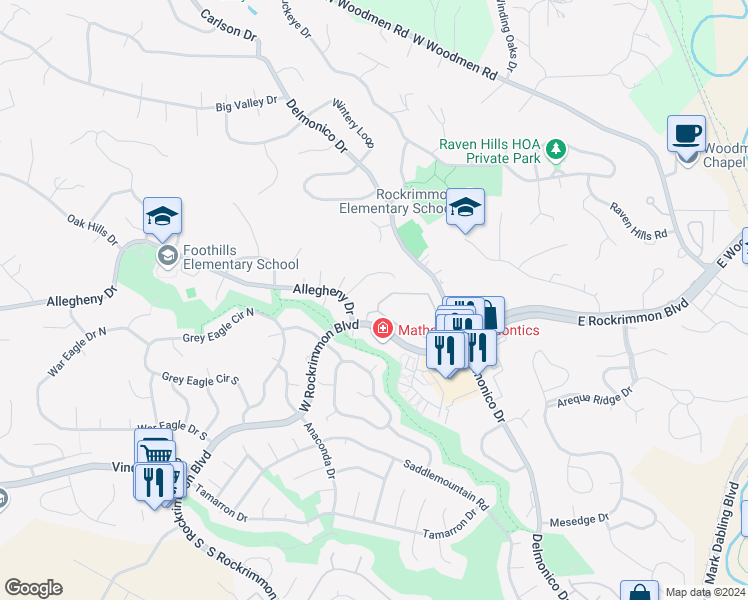 map of restaurants, bars, coffee shops, grocery stores, and more near 410 Allegheny Drive in Colorado Springs