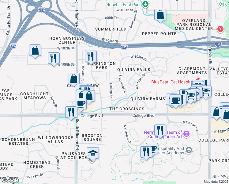 map of restaurants, bars, coffee shops, grocery stores, and more near 10993 Gillette Street in Overland Park