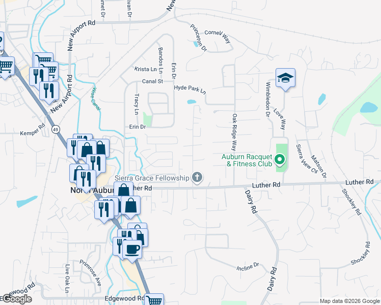 map of restaurants, bars, coffee shops, grocery stores, and more near 1315 Wesley Lane in Auburn