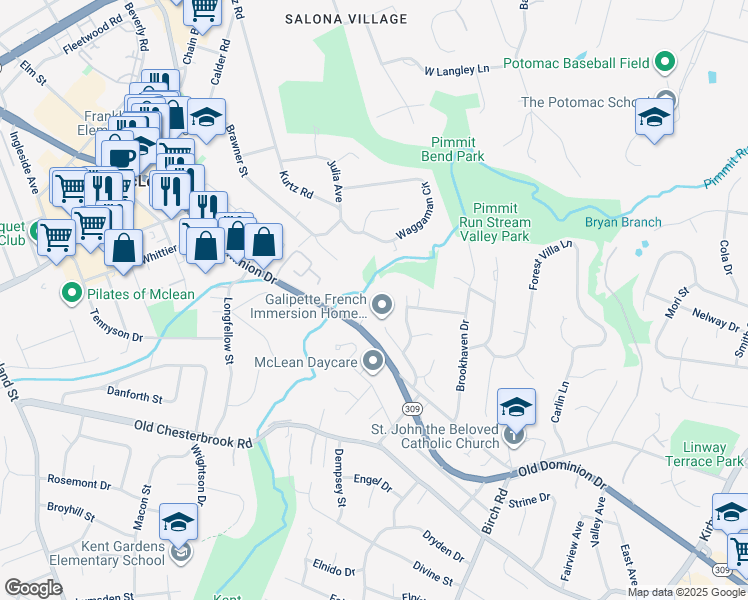 map of restaurants, bars, coffee shops, grocery stores, and more near 6556 Old Dominion Drive in McLean