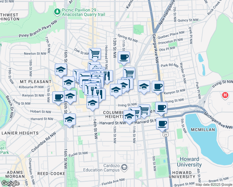 map of restaurants, bars, coffee shops, grocery stores, and more near 1249 Kenyon Street Northwest in Washington