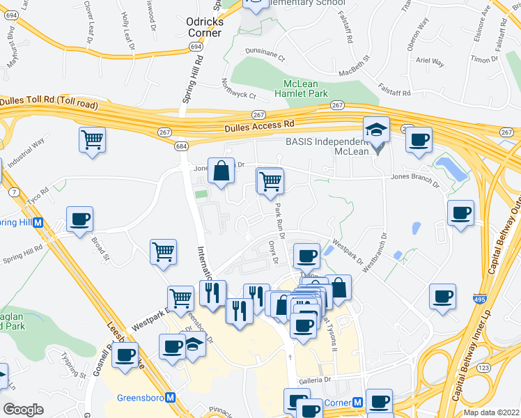 map of restaurants, bars, coffee shops, grocery stores, and more near 8232 Crestwood Heights Drive in Tysons