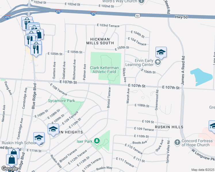 map of restaurants, bars, coffee shops, grocery stores, and more near 7907 East 107th Street in Kansas City
