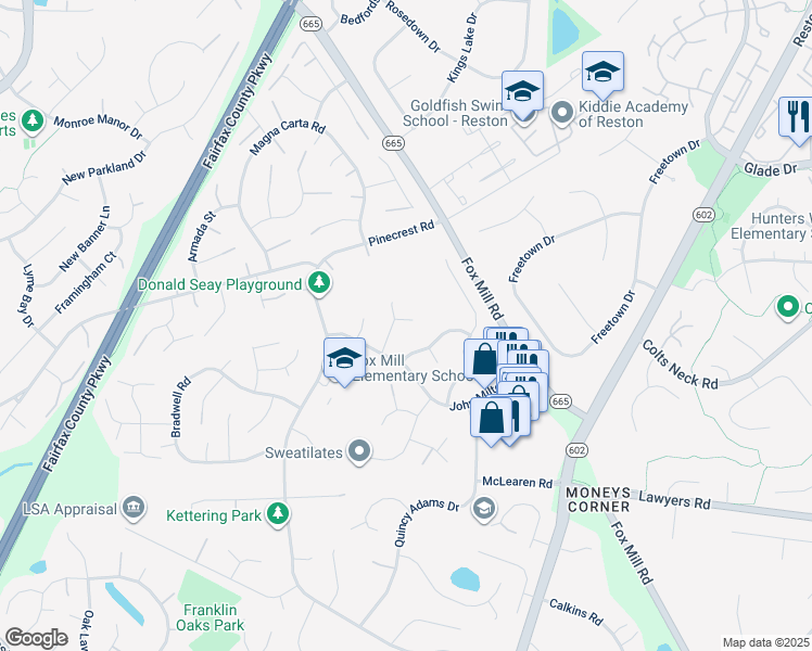 map of restaurants, bars, coffee shops, grocery stores, and more near 12505 Thomas Young Court in Herndon