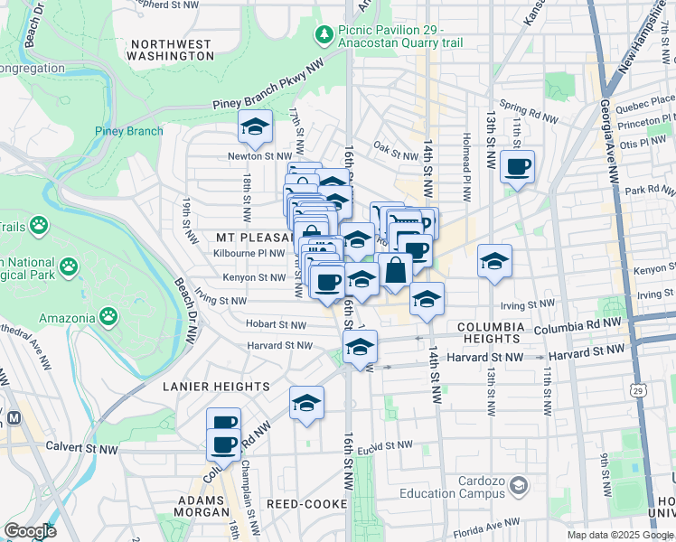 map of restaurants, bars, coffee shops, grocery stores, and more near 3146 16th Street Northwest in Washington