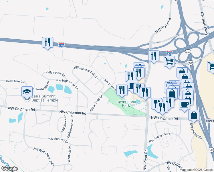 map of restaurants, bars, coffee shops, grocery stores, and more near 2381 Northwest Summerfield Drive in Lee's Summit