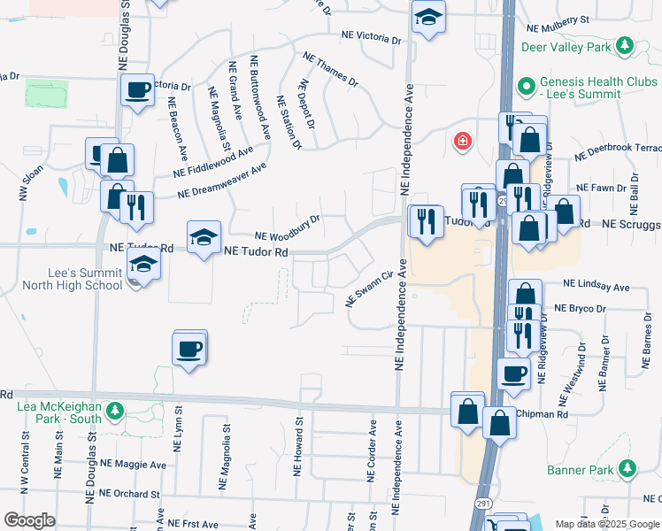 map of restaurants, bars, coffee shops, grocery stores, and more near 705 Northeast Tudor Road in Lee's Summit