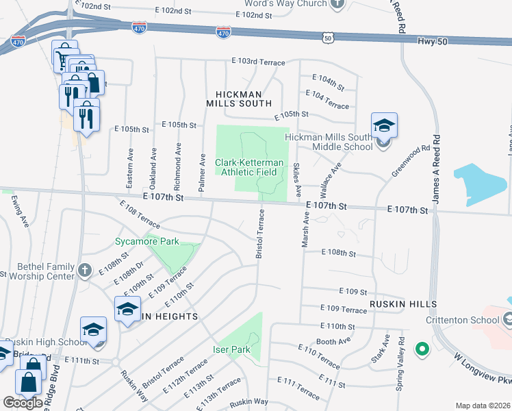map of restaurants, bars, coffee shops, grocery stores, and more near 7907 East 107th Street in Kansas City