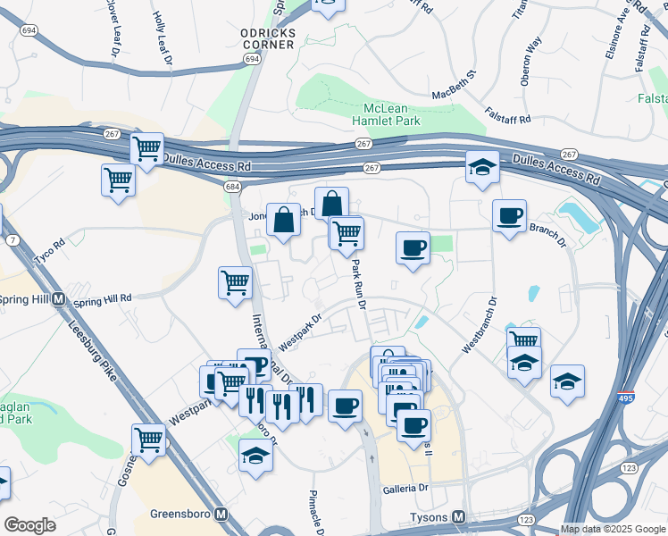 map of restaurants, bars, coffee shops, grocery stores, and more near 8231 Crestwood Heights Drive in McLean