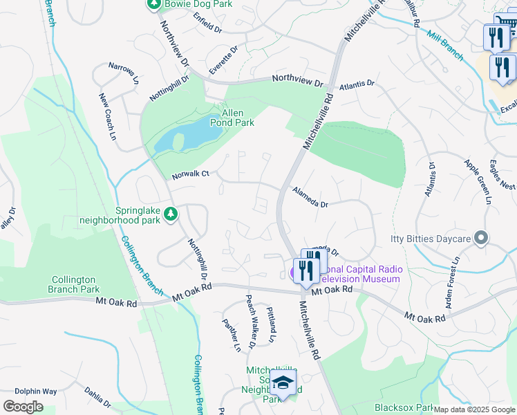 map of restaurants, bars, coffee shops, grocery stores, and more near 2912 November Court in Bowie
