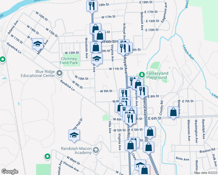 map of restaurants, bars, coffee shops, grocery stores, and more near 909 Park Lane in Front Royal