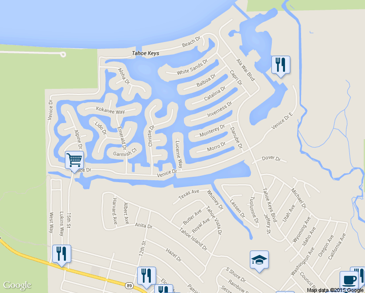 map of restaurants, bars, coffee shops, grocery stores, and more near 569 Lucerne Way in South Lake Tahoe