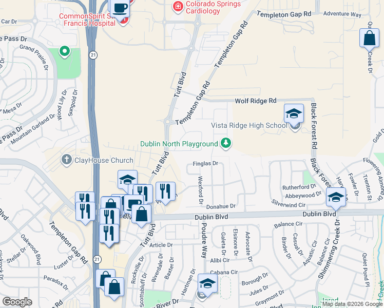 map of restaurants, bars, coffee shops, grocery stores, and more near 6074 Finglas Drive in Colorado Springs