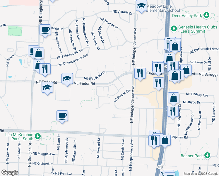 map of restaurants, bars, coffee shops, grocery stores, and more near 701 Northeast Tudor Road in Lee's Summit