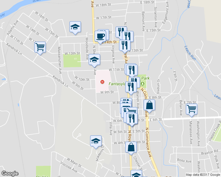map of restaurants, bars, coffee shops, grocery stores, and more near 909 Park Lane in Front Royal