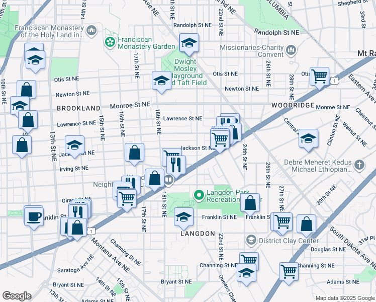 map of restaurants, bars, coffee shops, grocery stores, and more near 1923 Jackson Street Northeast in Washington