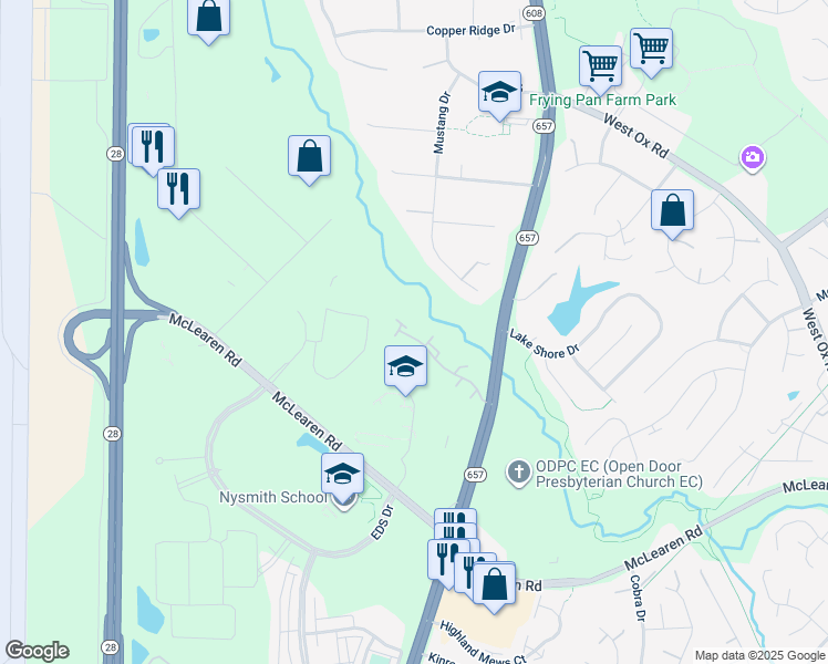 map of restaurants, bars, coffee shops, grocery stores, and more near 13634 Cedar Run Lane in Herndon