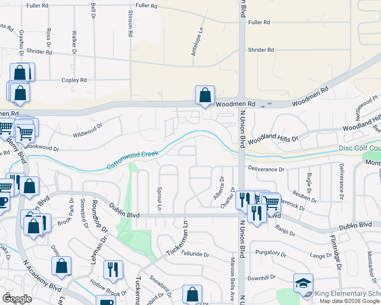 map of restaurants, bars, coffee shops, grocery stores, and more near 2587 Integrity Court in Colorado Springs