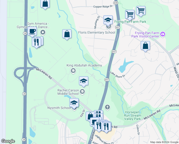 map of restaurants, bars, coffee shops, grocery stores, and more near 13634 Cedar Run Lane in Herndon