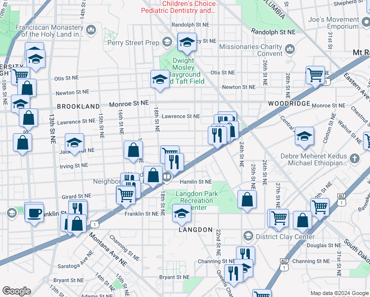 map of restaurants, bars, coffee shops, grocery stores, and more near 1923 Jackson Street Northeast in Washington