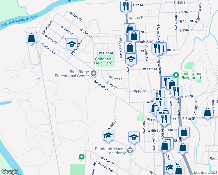 map of restaurants, bars, coffee shops, grocery stores, and more near 353 Kendrick Lane in Front Royal
