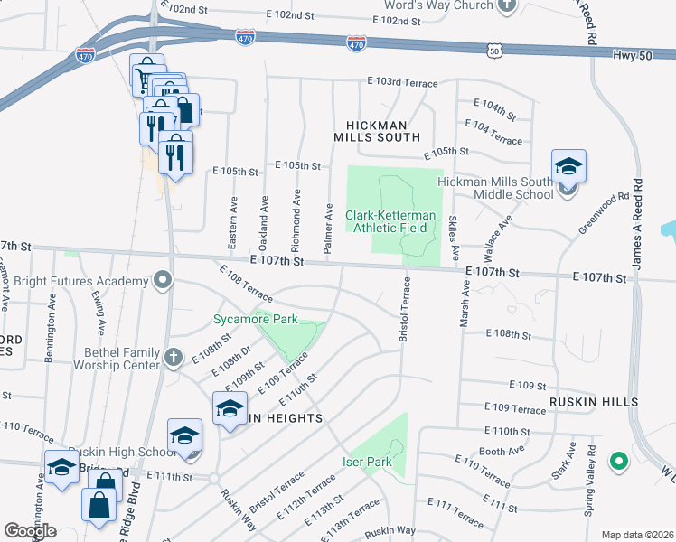 map of restaurants, bars, coffee shops, grocery stores, and more near 7610 East 108th Street in Kansas City