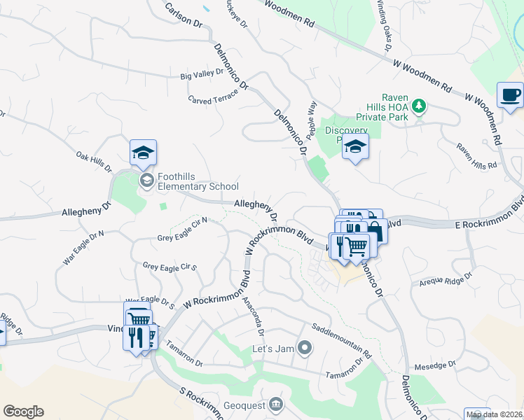 map of restaurants, bars, coffee shops, grocery stores, and more near 425 Allegheny Drive in Colorado Springs