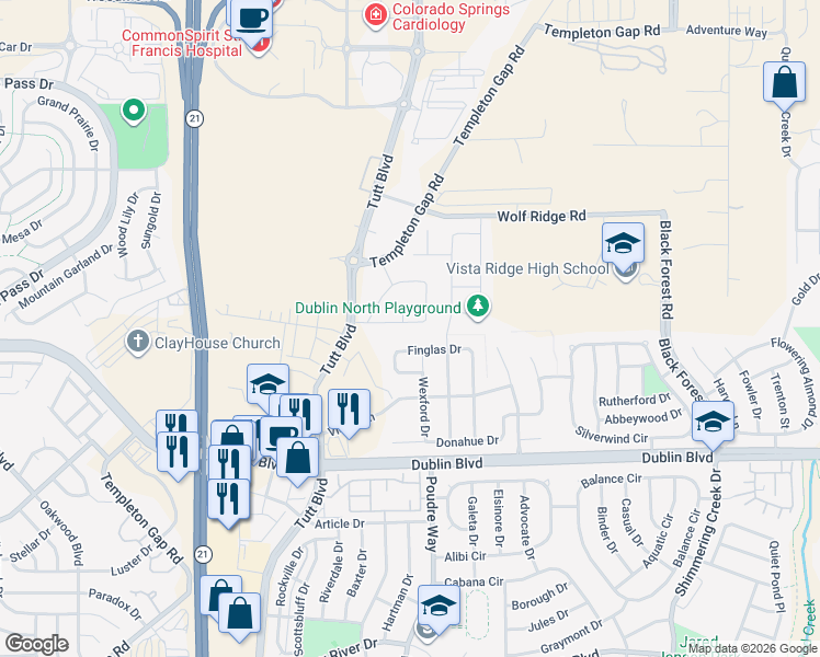 map of restaurants, bars, coffee shops, grocery stores, and more near 6074 Finglas Drive in Colorado Springs