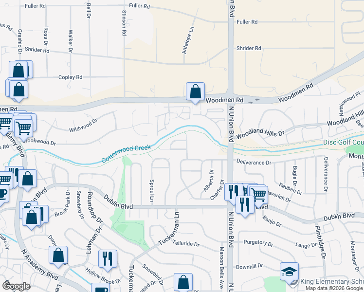 map of restaurants, bars, coffee shops, grocery stores, and more near 2587 Integrity Court in Colorado Springs